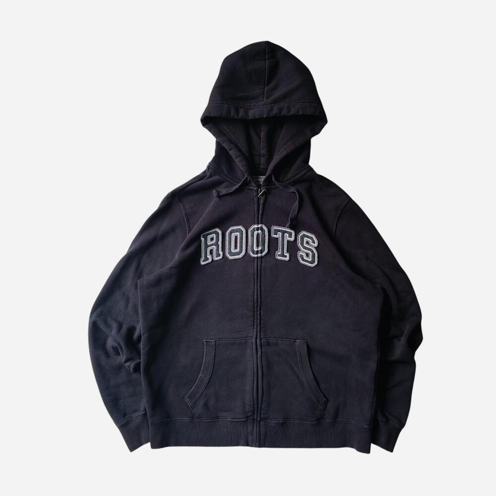 Roots black zip up hoodie with white 'ROOTS' text
